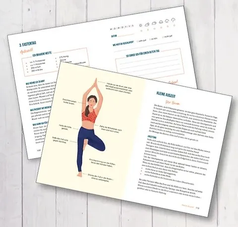 Aufgeschlagene Innenseiten des Buchs mit Ausfüllfeldern und einer Yoga-Übung